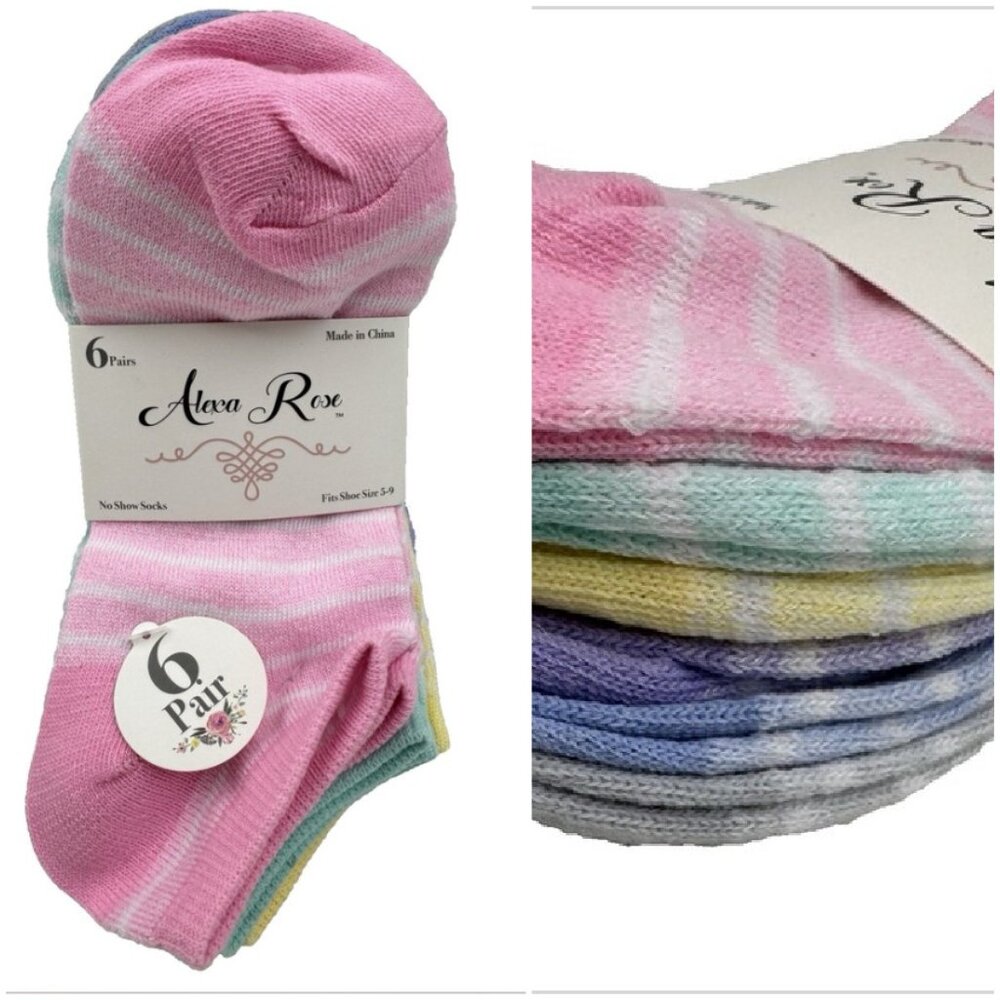 Alexa Rose Womens No Show Socks Size 9-11 Pastel Striped Colors Casual 6 Pairs